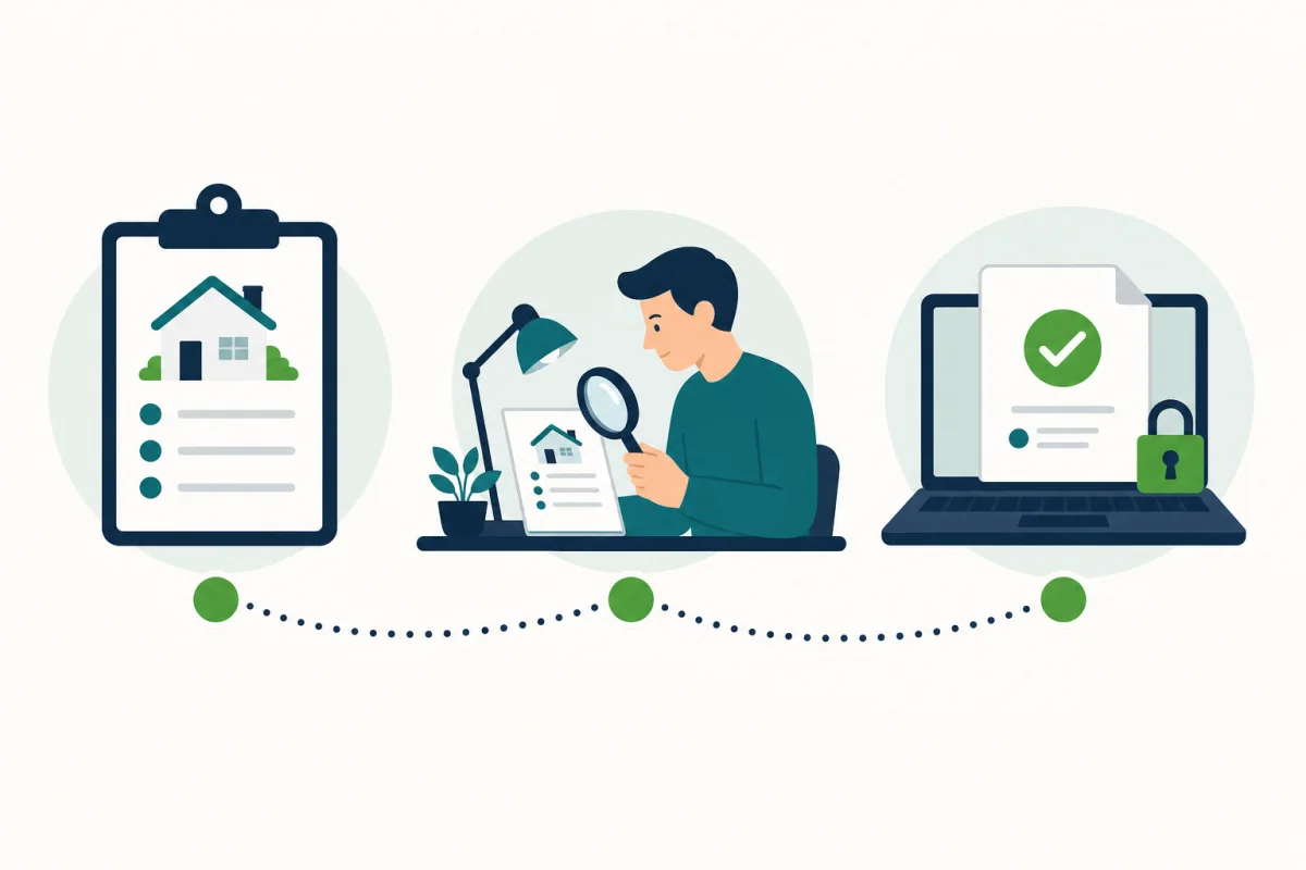 Illustration of the ordering journey: property details, a person checking, then secure delivery